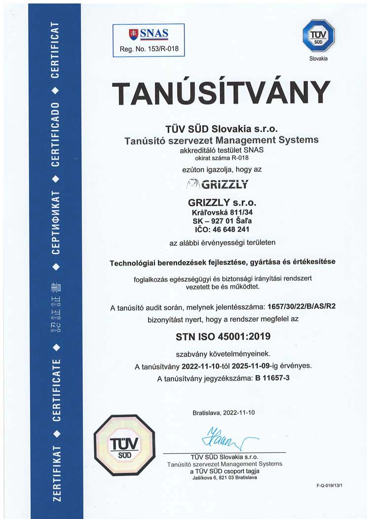 tanúsitvány ISO 45001, utolagos vízszigetelés, Grizzly